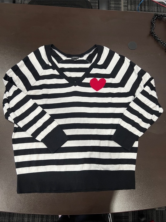 torrid Sweaters - torrid Black & White Striped V-Neck Sweater with Red Heart